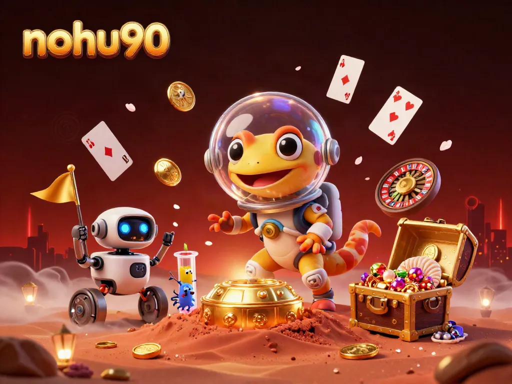 Experience the excitement of nohu90's casino with a vibrant Martian scene full of colorful games and treasures.