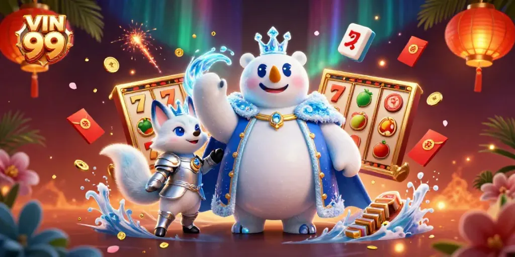 Experience VIN 99 with thrilling slot reels and vibrant casino atmosphere in an engaging 3D illustration.