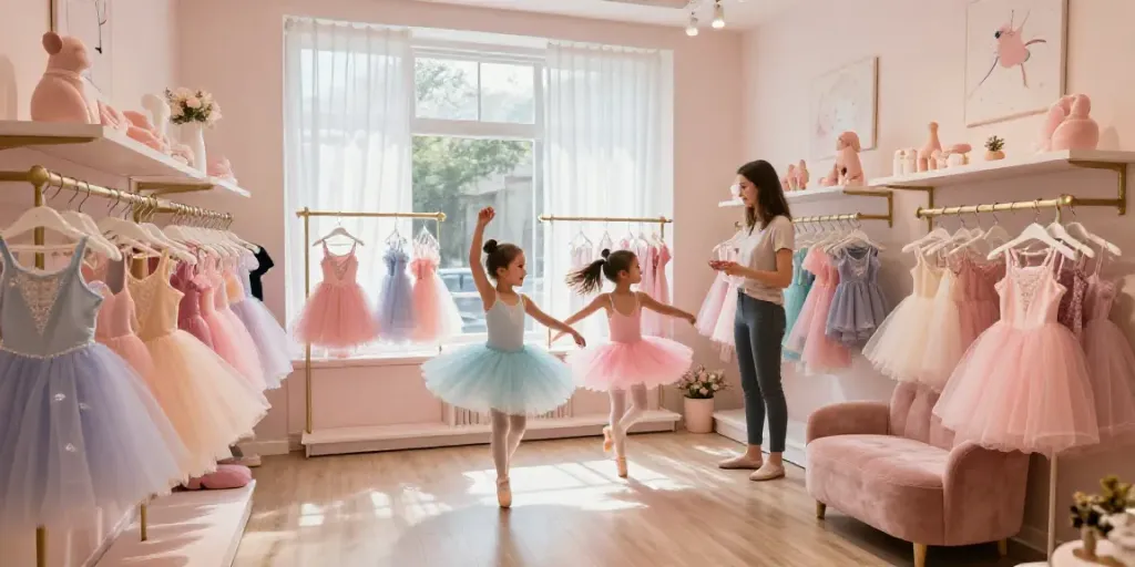 Colorful tutu store interior showcasing vibrant tutus, playful child spinning, and inviting boutique atmosphere.