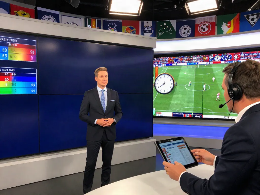 Engaging sports analysis scene featuring TOP10FOOTBALL statistics on display in a modern studio.