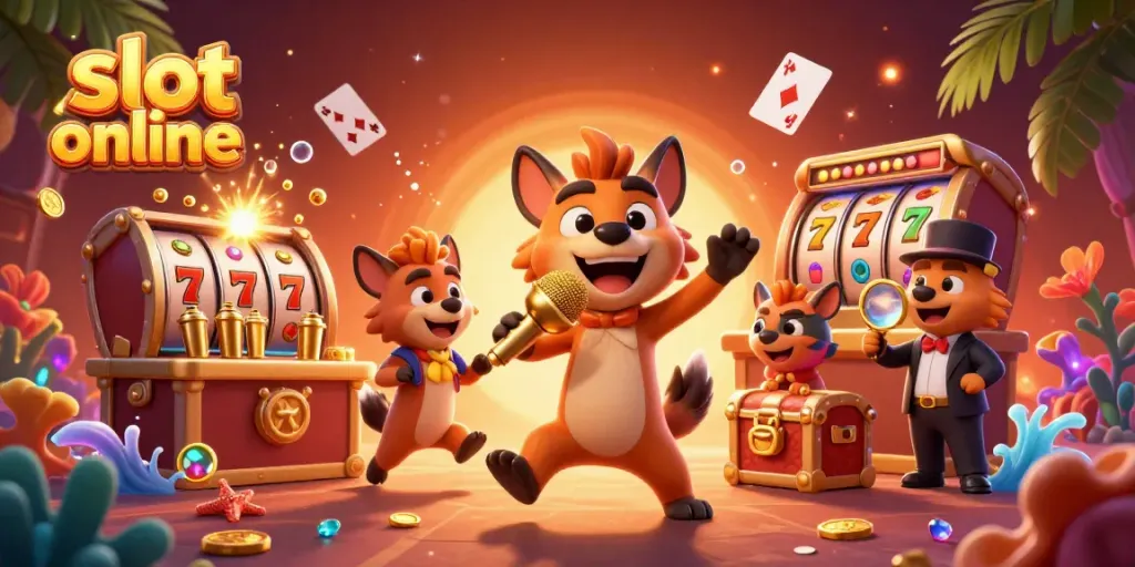Experience the thrill of slot online gaming with lively cartoon hyenas in a dynamic casino scene.