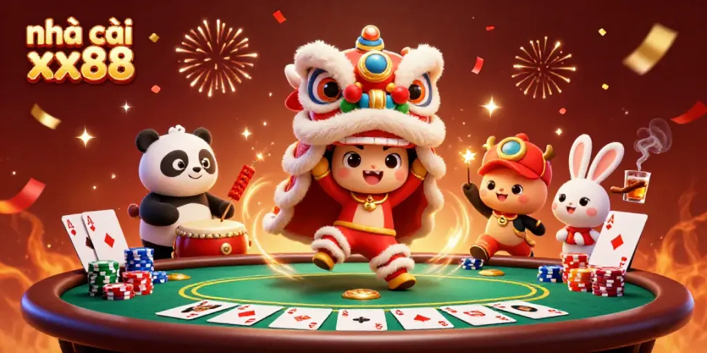Experience gaming excitement at nhà cái xx88 with a vibrant scene of festive characters and casino elements.