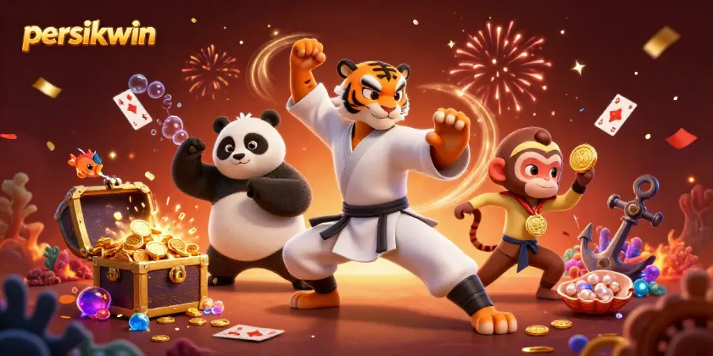 Gambarkan momen bermain di persikwin dengan karakter singa kung fu dan teman-temannya.