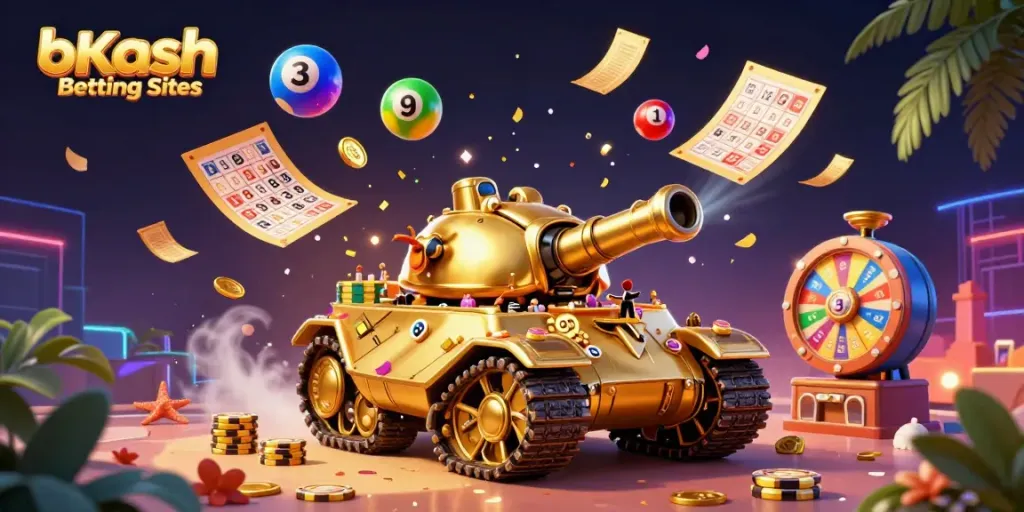 Experience thrilling bKash Betting Sites with an exciting virtual casino illustration packed with vibrant gaming elements.