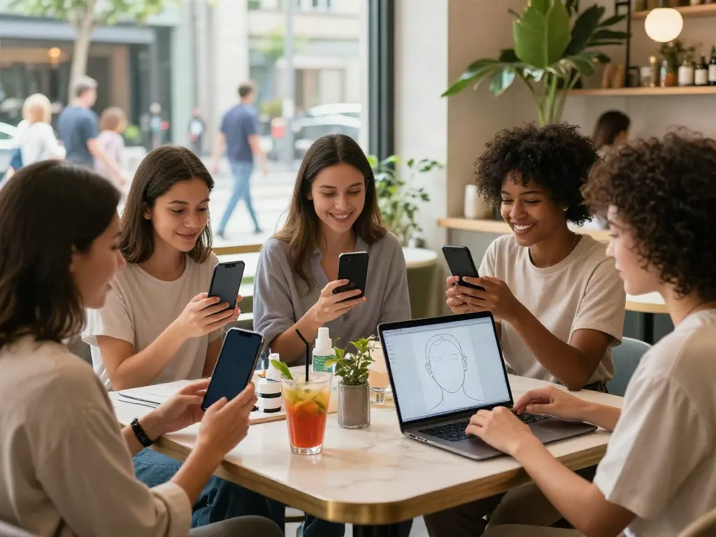 Individuals analyzing their beauty metrics using facial apps in a modern café, showcasing Alternatives to QOVES.