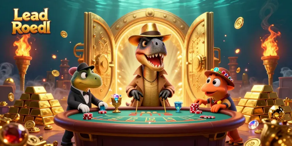 Engaging illustration depicting Lead Roedl at a blackjack table with a velociraptor card counter, showcasing vibrant casino elements.