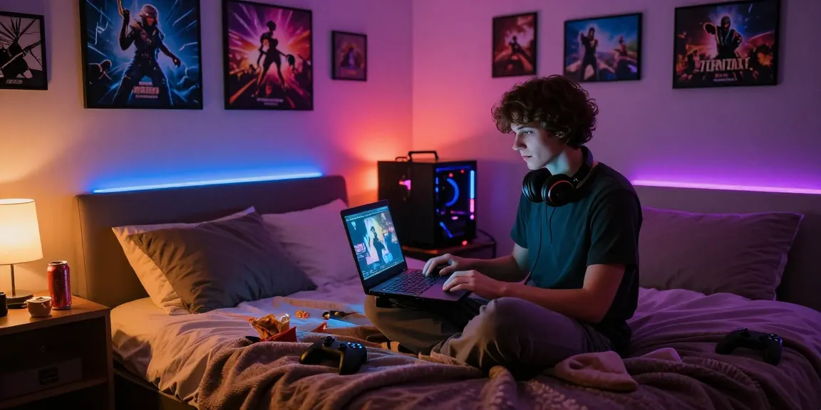 Person enjoying porn games on a laptop in a cozy, colorful gaming bedroom.