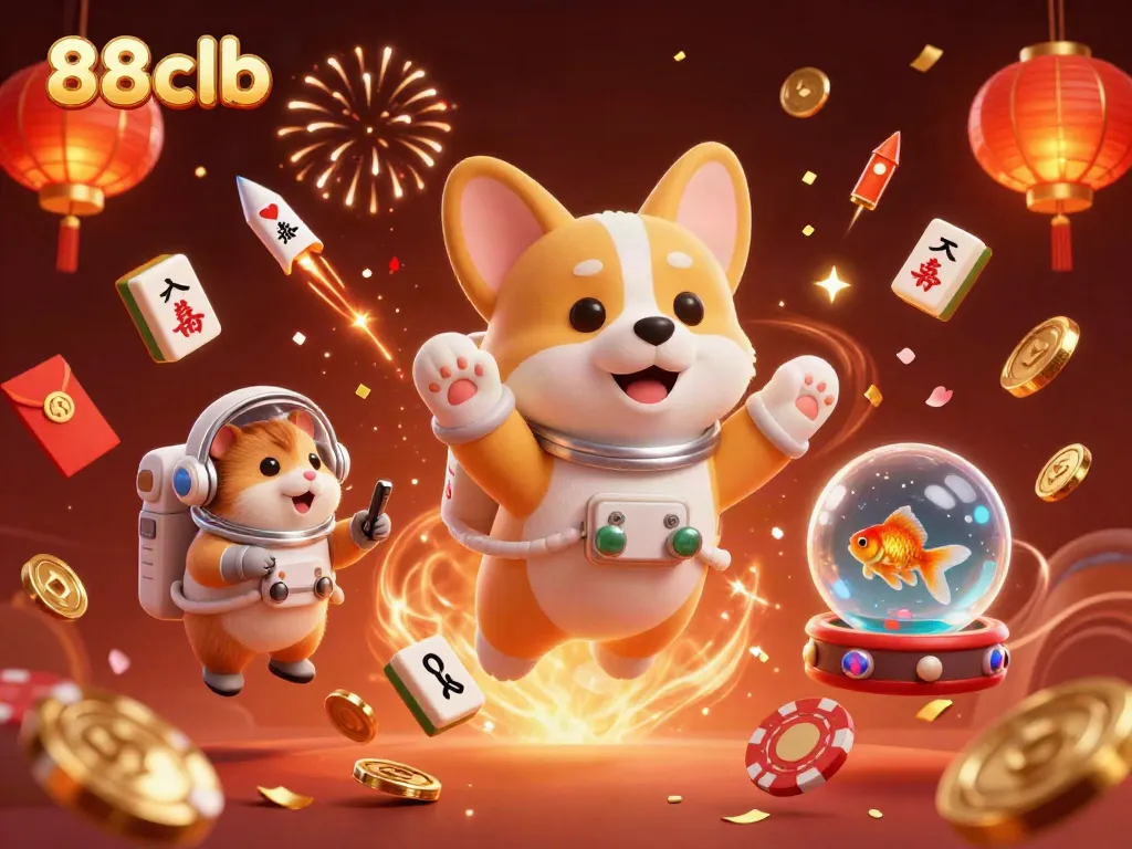 Experience thrilling gaming at 88clb with a playful corgi in a cosmic casino.