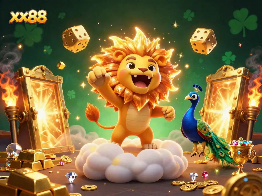 Experience the thrill of xx88 with stunning golden elements and a roaring lion from this casino illustration.
