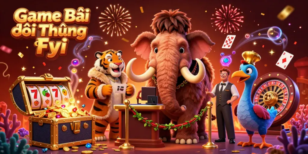 Experience the excitement of Game Bài Đổi Thưởng Fyi with dynamic casino characters in an exciting scene filled with gaming elements.