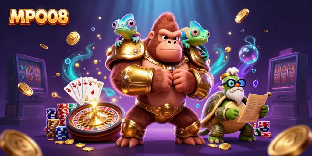 Experience thrilling gameplay in MPO08 with a powerful gorilla king and his companions amidst rich casino elements.