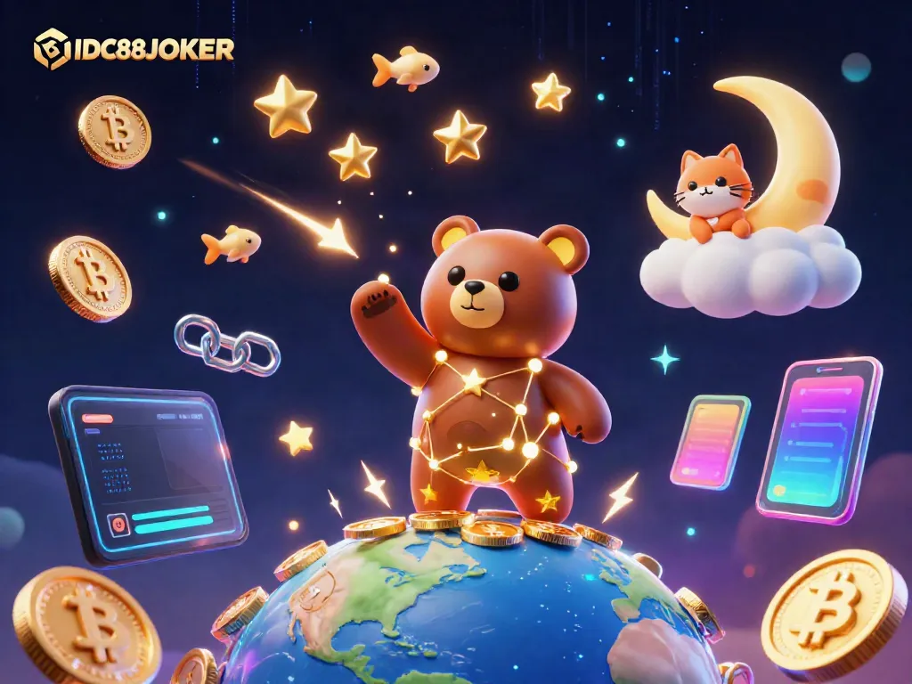 Play and win with IDC88JOKER in this vibrant 3D casino illustration featuring animated characters and crypto elements.