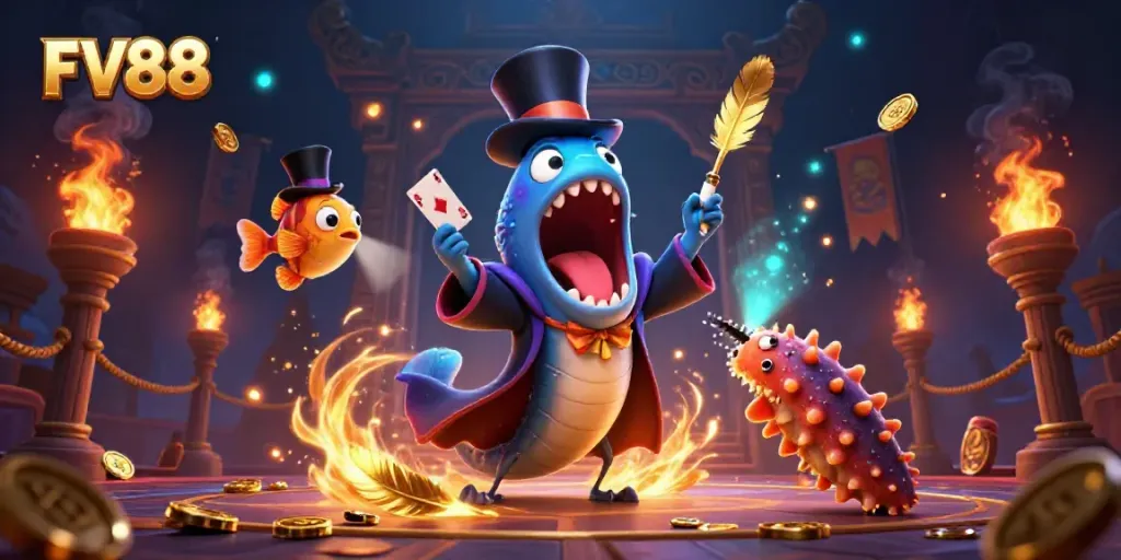 Experience thrilling entertainment with FV88's magical casino scene featuring vibrant characters in action.