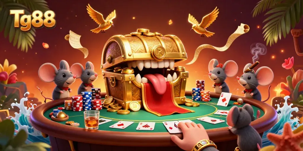 Tg88 showcases a vibrant 3D casino scene filled with adventure, treasure, and gambling excitement.
