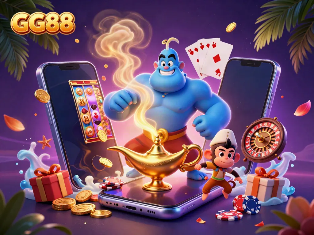Experience the magical world of GG88 with a vibrant sketch showcasing a genie, monkey, and poker chips.