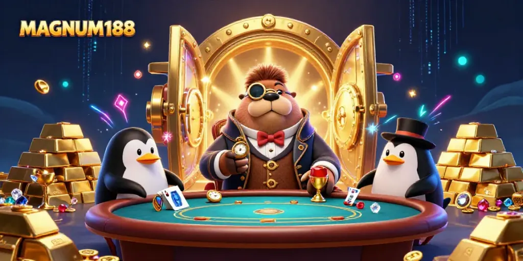 Experience the excitement of MAGNUM188 with an underwater poker scene featuring unique sea creatures and dazzling treasure.