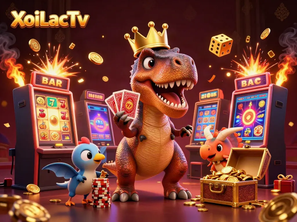 XoiLacTv's exciting casino scene with a dinosaur dealer, vibrant slot machines, and golden chips