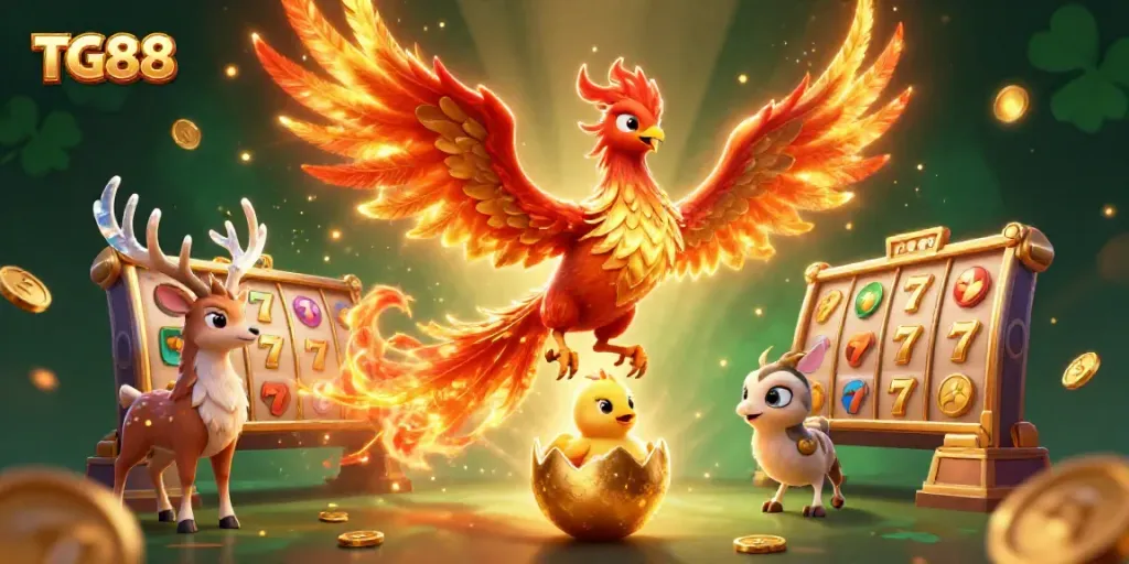 Experience excitement with TG88, featuring a phoenix, baby chick, and stag in a vibrant, rich casino scene.