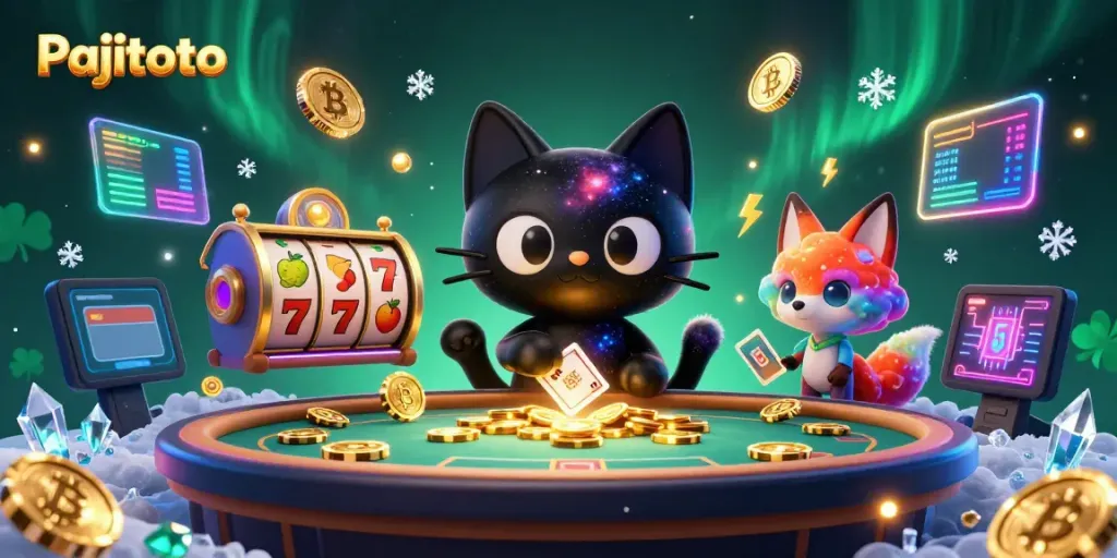 Pajitoto's cosmic casino scene with a black hole cat and nebula fox, rich with casino elements.
