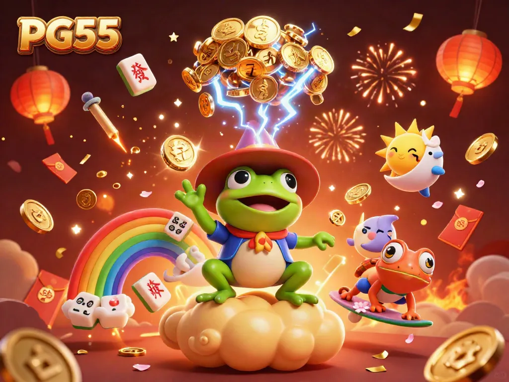 Engage with PG55's thrilling casino experience amidst a vibrant 3D celebration scene.
