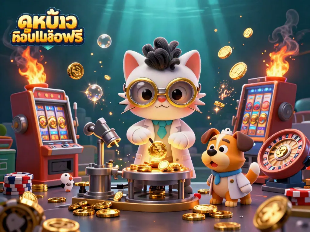 Exploring ดูหนังออนไลน์ฟรี with a whimsical scene of a scientist cat creating gold coins amidst vibrant casino elements.