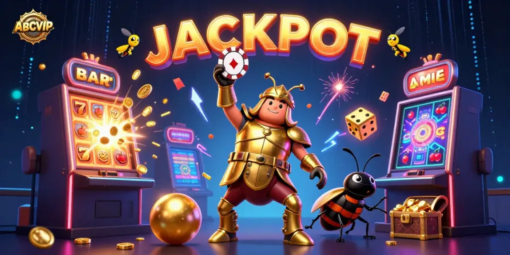 ABCVIP jackpot celebration scene with hercules beetle, dung beetle, and slot machine in action