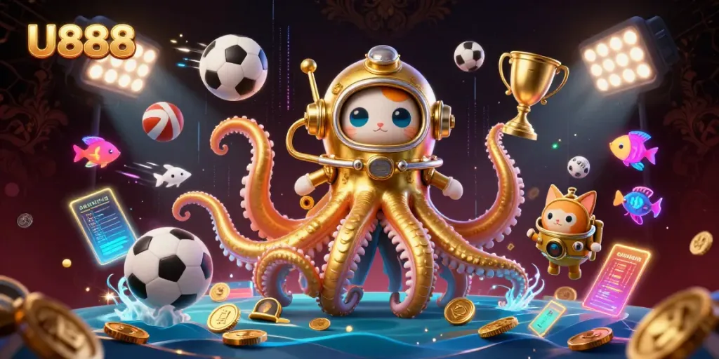 Play thrilling games at U888 with a dynamic kraken and diving cat in an exciting casino scene.