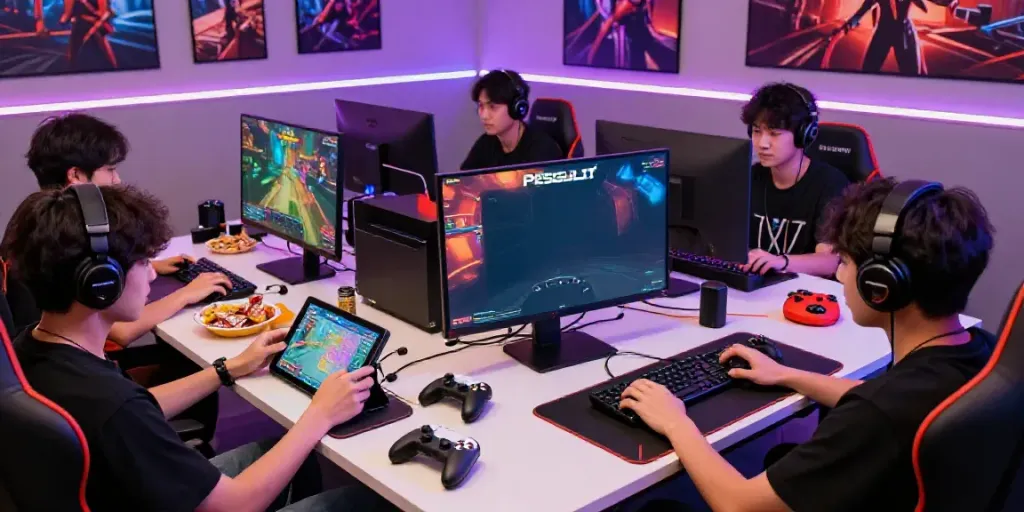 Energetic gaming hub with players focused on PESGSLOT, showcasing vibrant graphics and competitive atmosphere.
