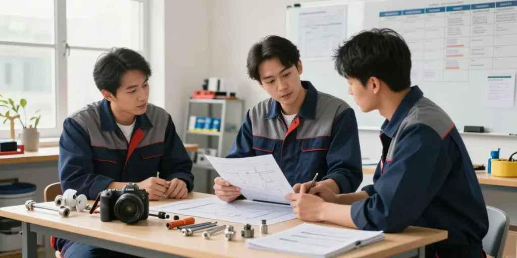 Team collaborating with plumbing business software tools in a modern workshop.