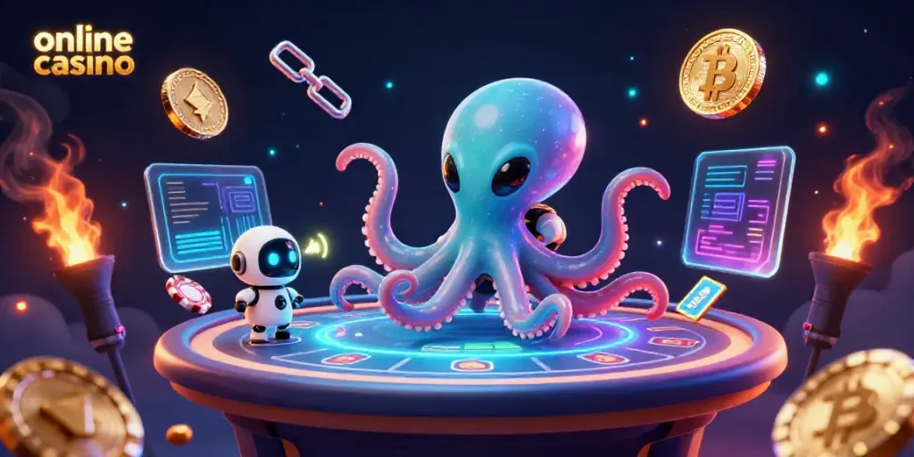 Play at this dynamic online casino scene featuring an alien octopus and a robot with floating poker elements.