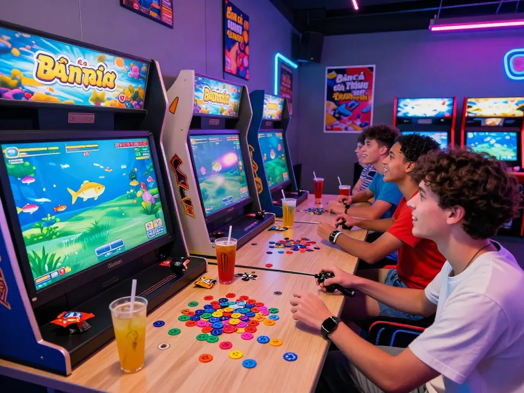Enjoying lại là Bắn cá đổi thưởng game with friends in a vibrant arcade.