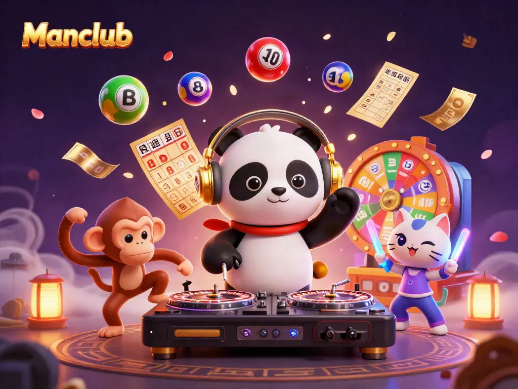 Experience the vibrant energy of Manclub where a DJ panda spins roulette turntables amidst a lively gaming scene.
