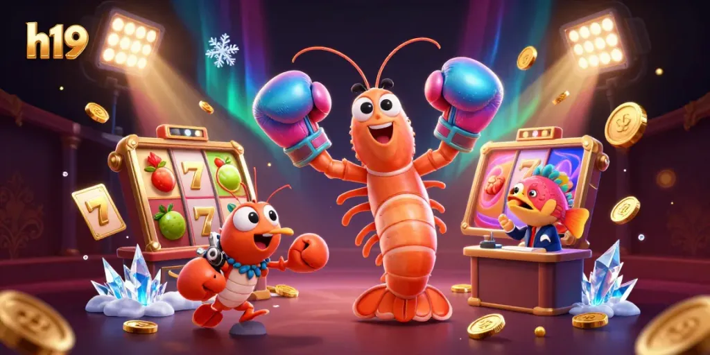 Hit the jackpot with h19 in this vibrant 3D casino illustration showcasing dynamic slot gaming elements.