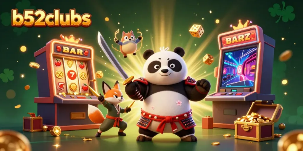 Experience vibrant gaming with b52clubs as a cartoon panda samurai and ninja fox celebrate a jackpot.