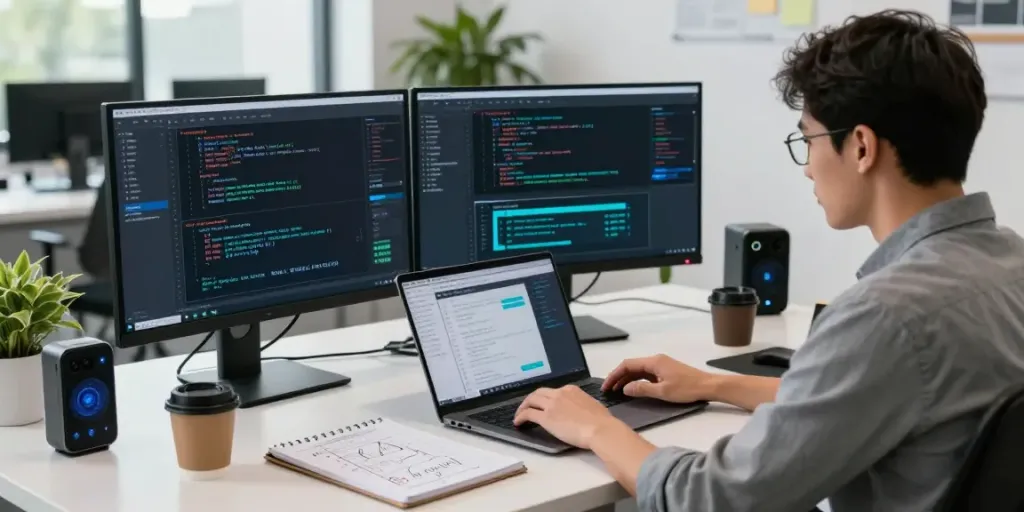 AI infrastructure development workspace featuring an engineer analyzing data visualizations.