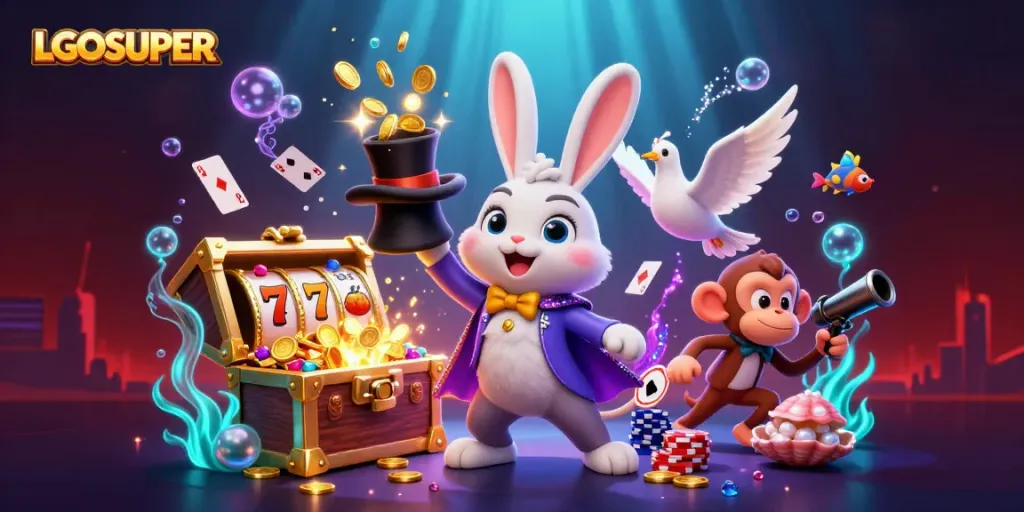 Experience exhilarating gaming with LGOSUPER in a vibrant casino-themed 3D illustration showcasing an enchanting rabbit, a dazzling dove, and a playful monkey.