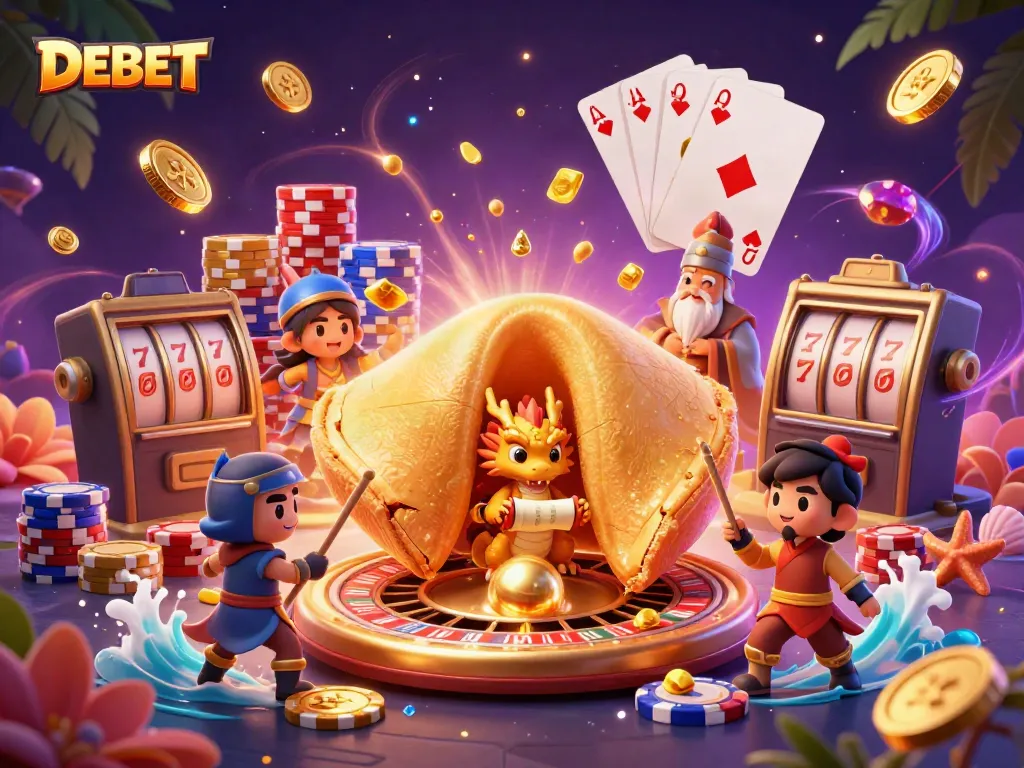 Experience thrilling gameplay with DEBET's vibrant casino illustration showcasing fun characters and game elements.