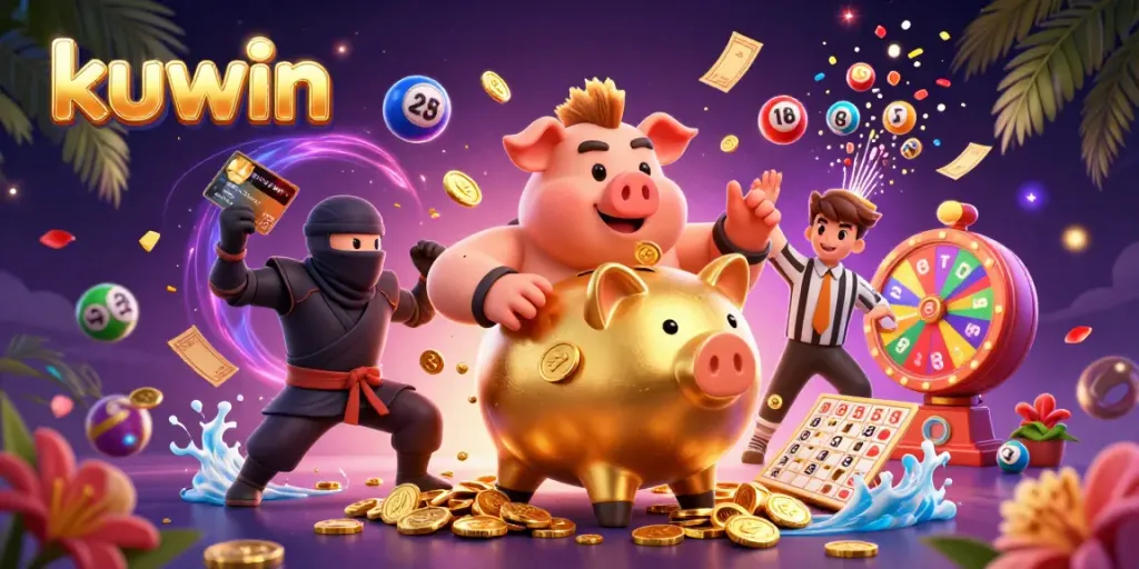 Kuwin-themed illustration with a golden piggy bank character and exciting gambling elements dynamically showcased, enhancing the gaming experience.