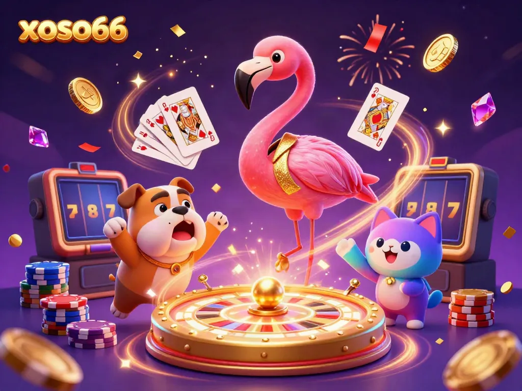 Experience excitement at xoso66 with vibrant casino action including a flamingo, bulldog, and prizes!