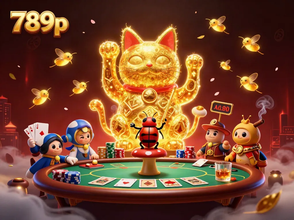 Experience the excitement of 789p with golden fireflies forming a lucky cat in a vibrant casino scene.