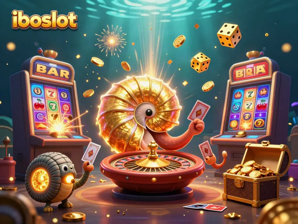 Experience the thrill of iboslot with a vibrant 3D casino scene featuring a giant nautilus roulette and abundant slot symbols.