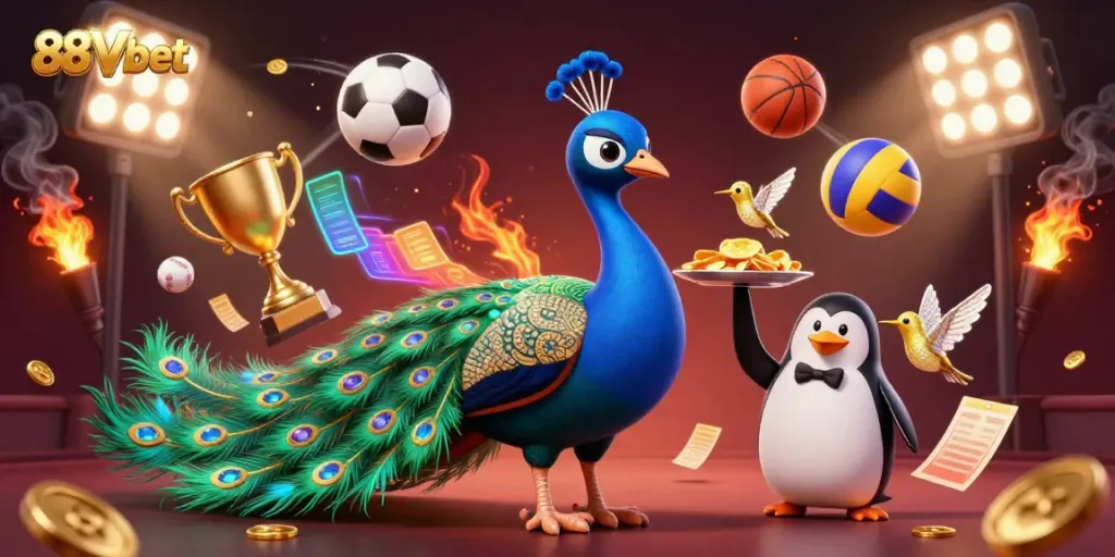 Engage with 88Vbet as a peacock, penguin, and hummingbird celebrate gambling excitement with sports balls and shining trophies.