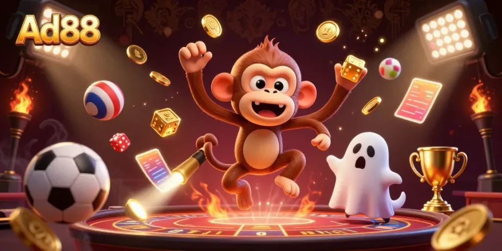 Engage with Ad88's exciting entertainment atmosphere featuring a playful ghost and puppy in a dynamic casino scene.