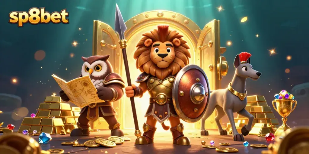 Experience thrilling adventures at sp8bet with a dynamic illustration showcasing a Spartan lion, treasure, and dazzling gems.