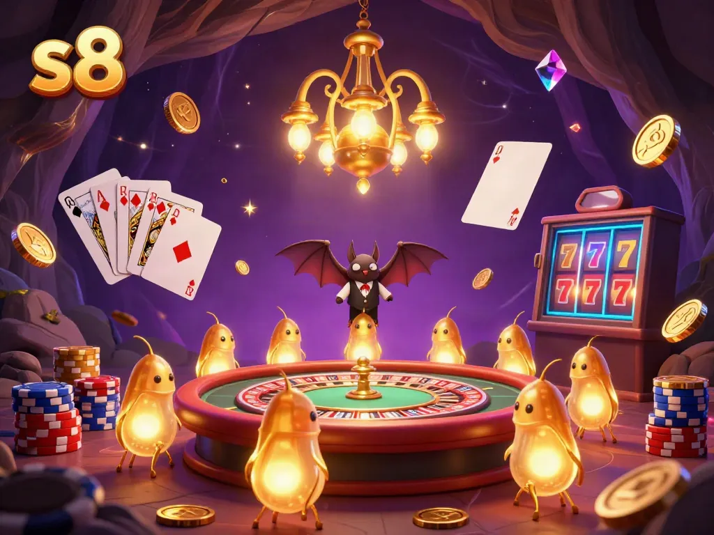 Experience the thrill of s8 with vibrant 3D casino scene showcasing glowworms and dazzling game elements.
