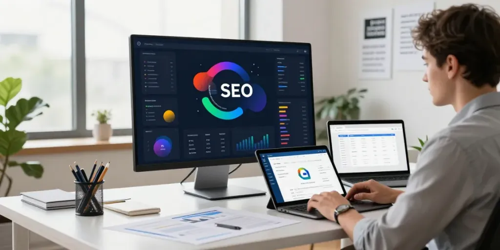SEO strategist analyzing data on Google entity stacking backlinks in a modern office.