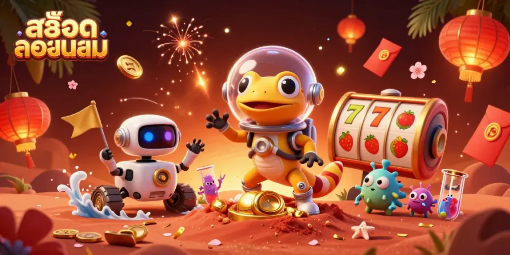 Engage with exciting สล็อตยอดนิยม showcasing a golden casino scene with lively characters and dynamic gaming elements.