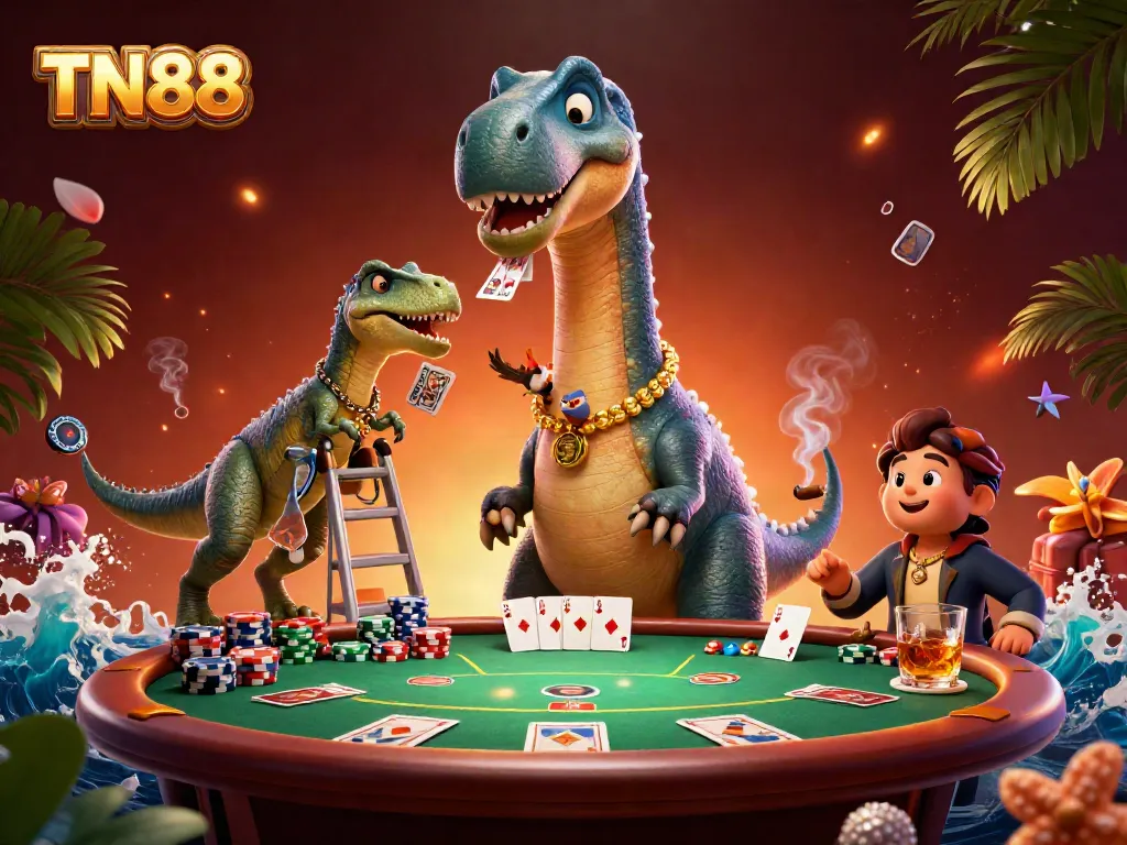 Experience thrilling card action with TN88, featuring a massive brontosaurus overseeing a dynamic poker scene.