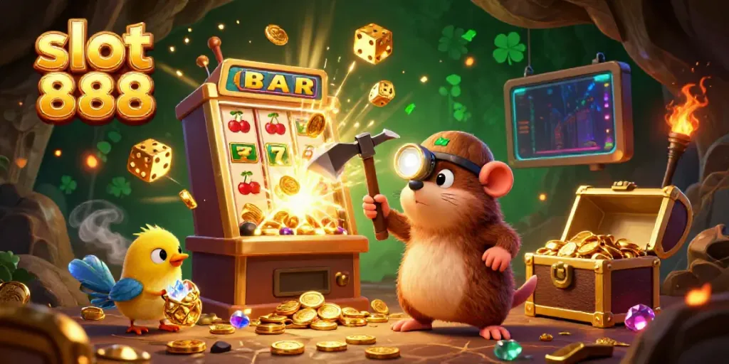 Thrilling slot 888 adventure with treasure hunter mole and vibrant slot machine explosion, capturing casino excitement.