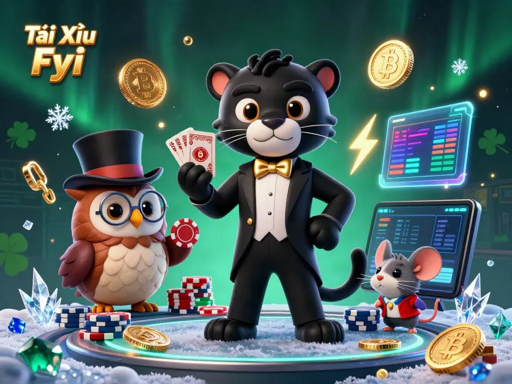 Tài Xỉu Fyi casino illustration showcasing a black panther dealing cards, an owl with poker chips, and a lucky mouse in a vibrant scene.